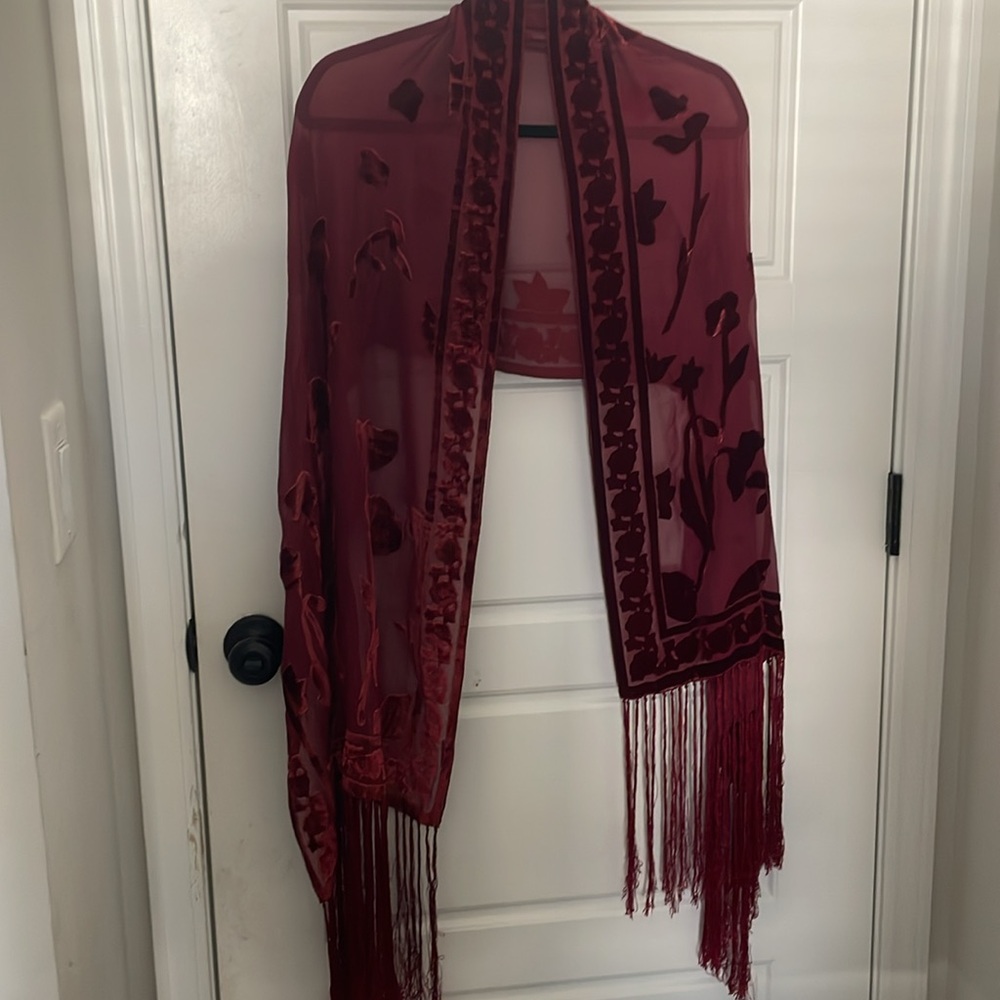 Velvet Burn Out Oblong Scarf/Shawl with Fringe Fairy Boho Gypsy OS